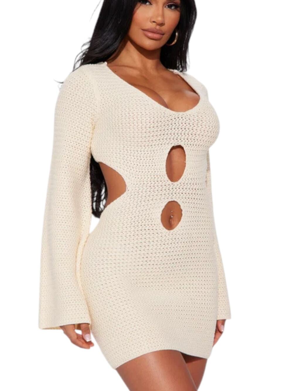 Cute Sexy Fashion Nova Cream Cut Out Design Knit Dress Flare Sleeves Large